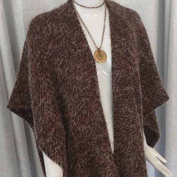 Bryn Walker Fall Poncho Wrap Open Long Fringe Bohemian Sweater Wool Shaggy Coat - Picture 4 of 8
